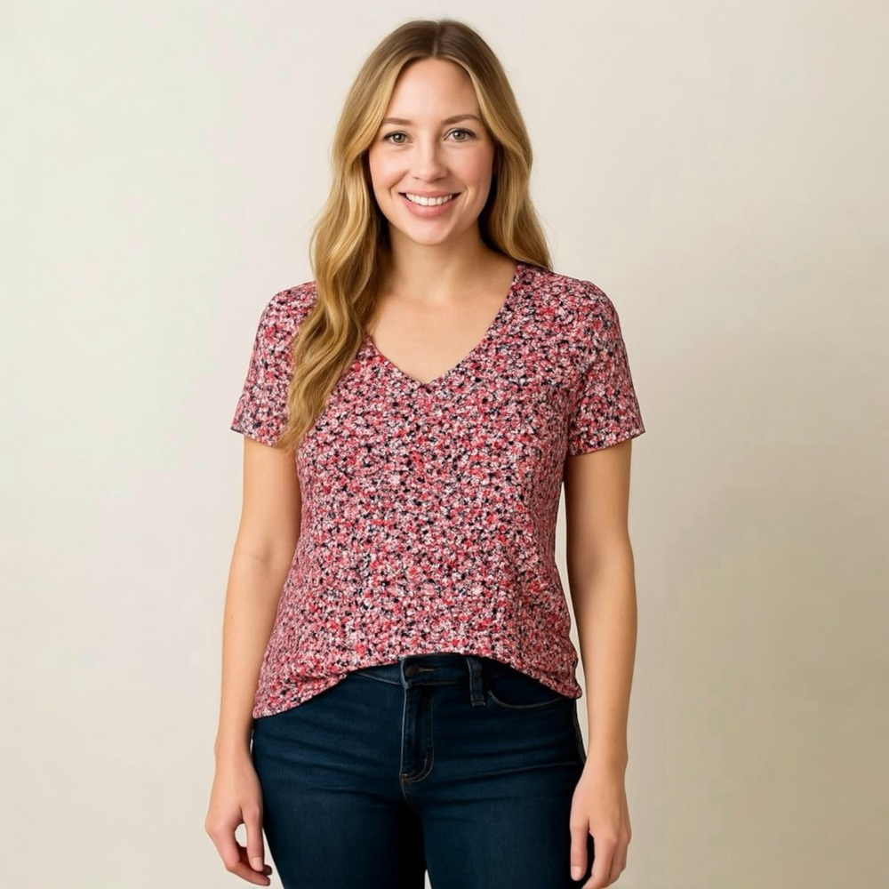 Michael Kors Floral V‑Neck Short Sleeve Tee in Pink Mix